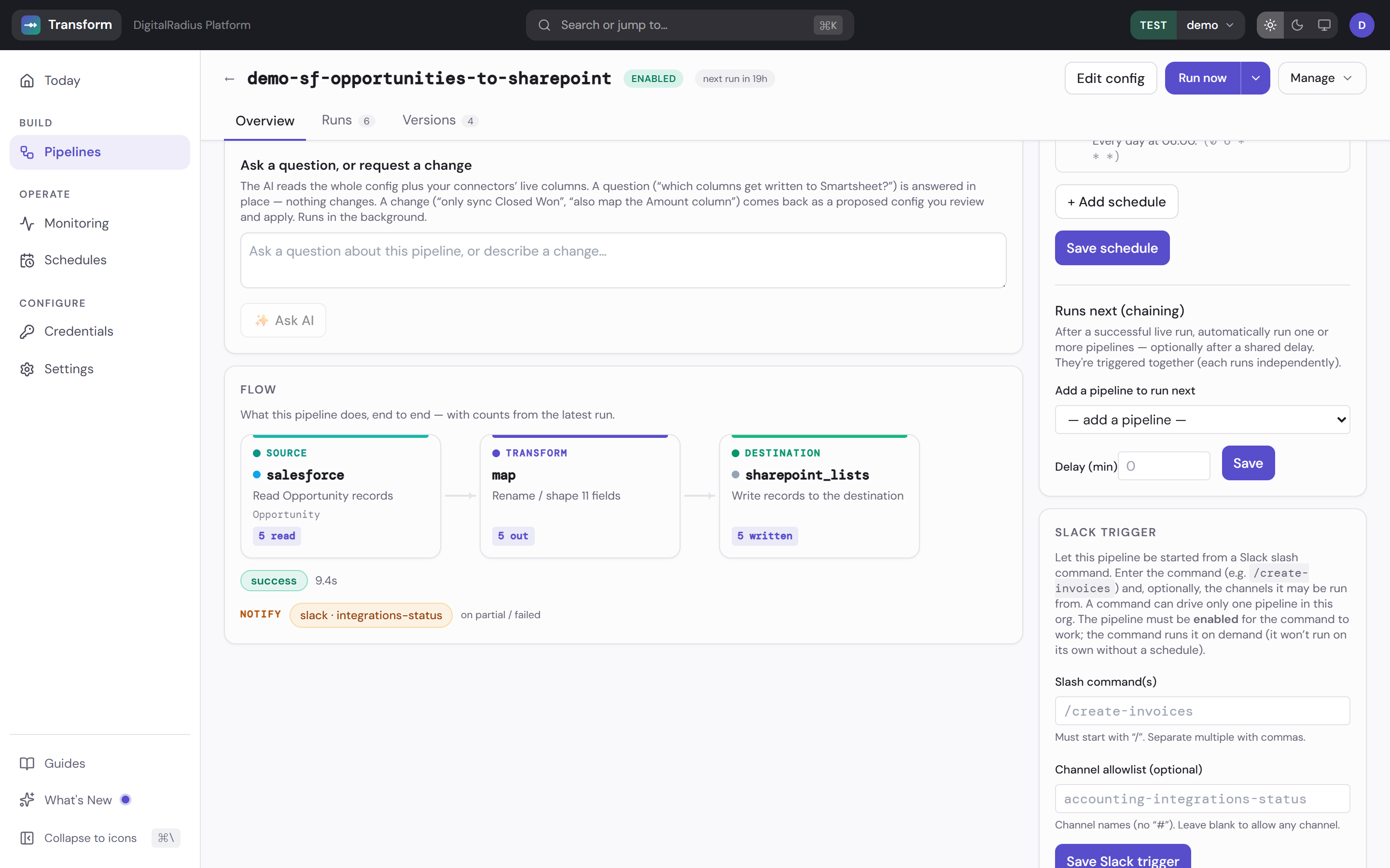 Transform pipeline overview showing the Ask AI panel and the source-to-destination flow with record counts